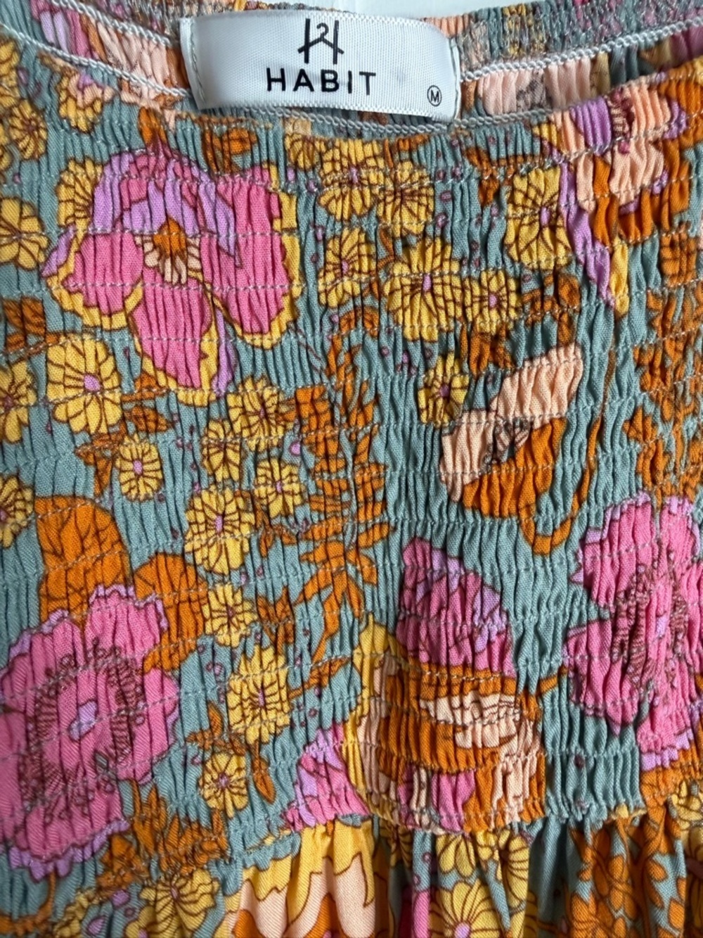 Habit Floral Boho Mini Dress Smocked Peasant Long Sleeve Pink Orange Size M - Picture 6 of 8